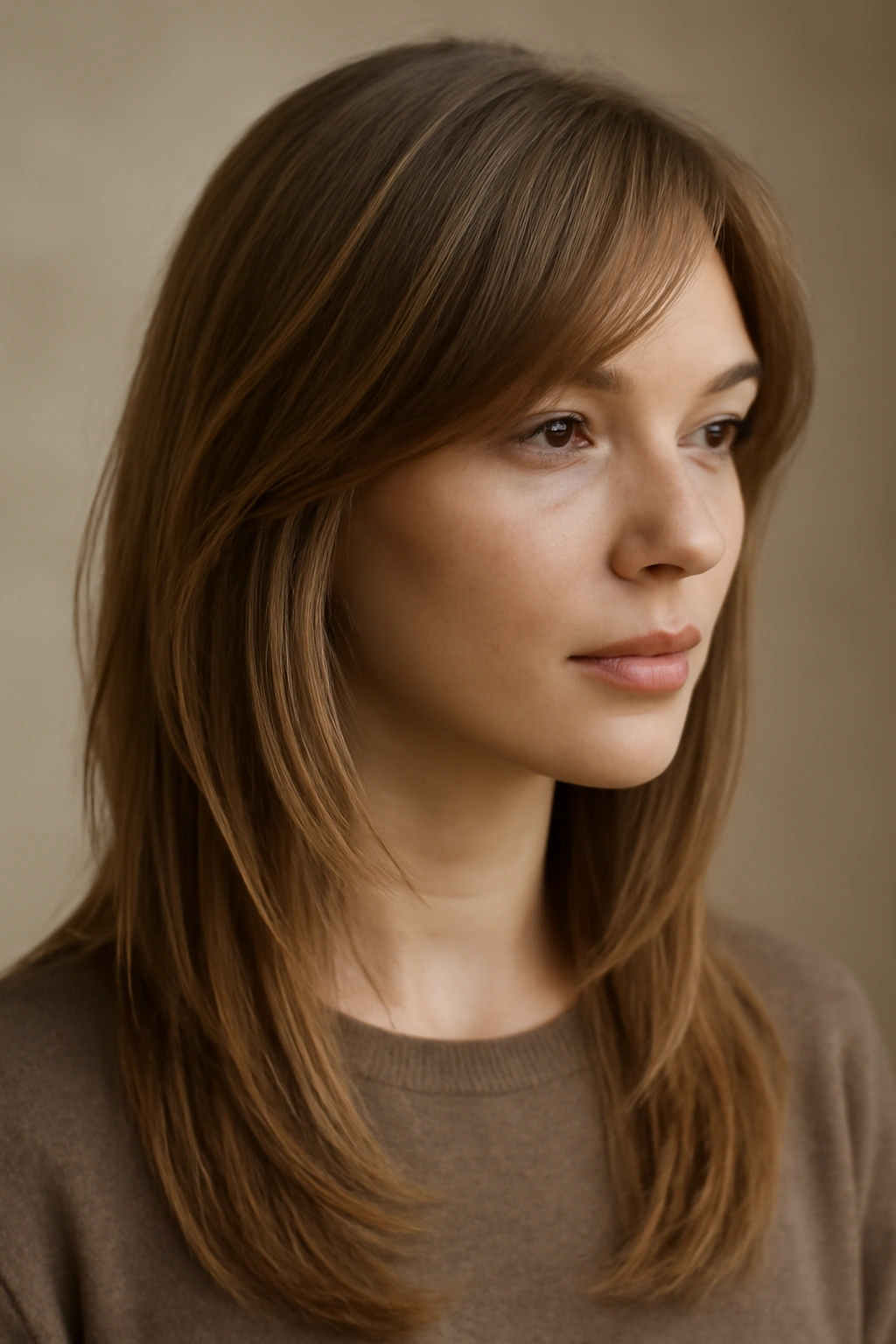 Long, fine hair with subtle feathered layers around the face