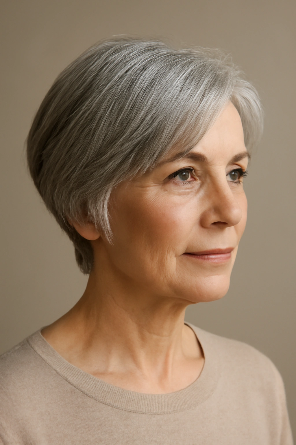 Mature woman with subtle tapered cut soft face-framing studio portrait