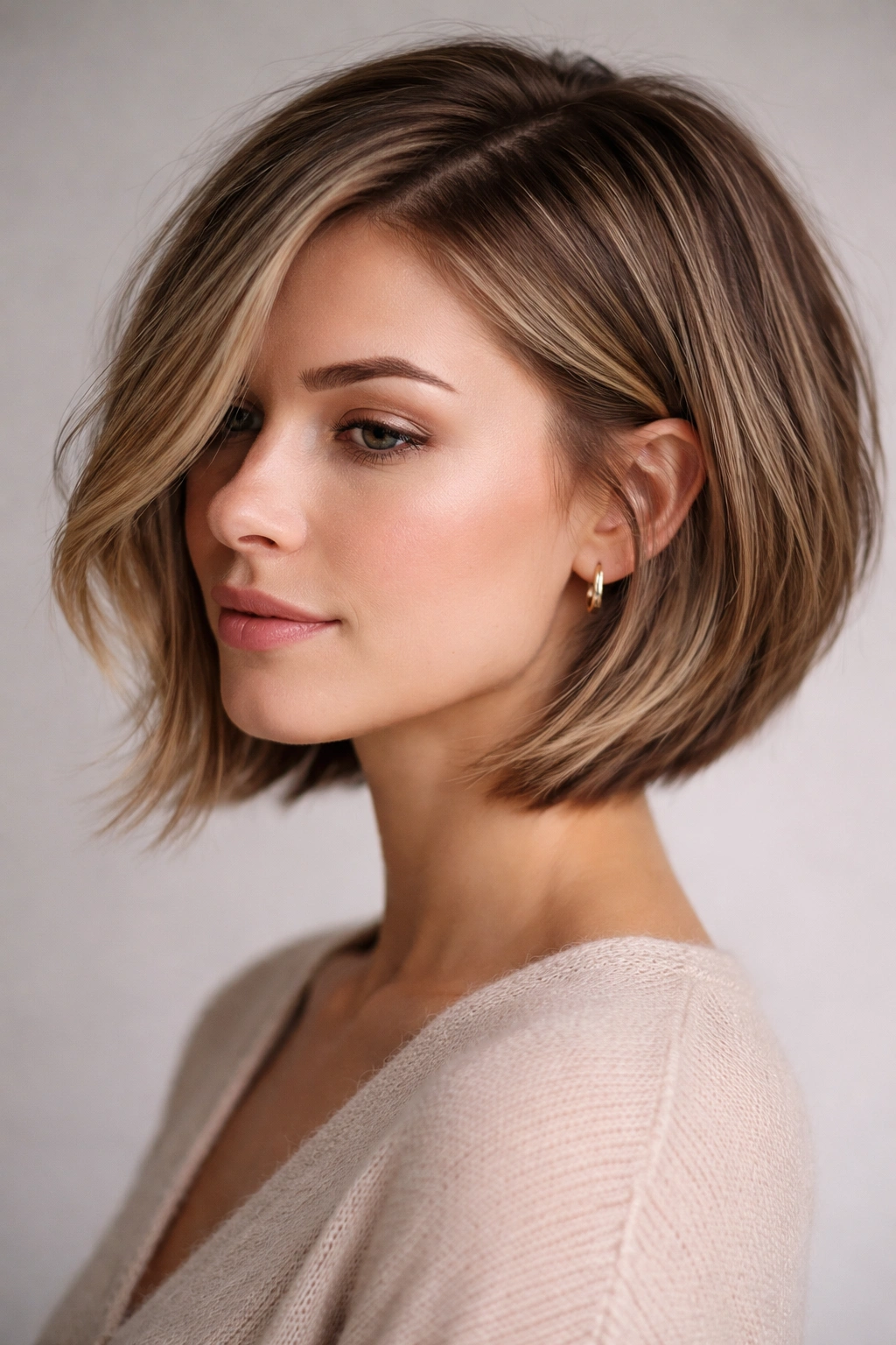 Close-up portrait of subtle textured angle bob with soft layers and gentle length difference