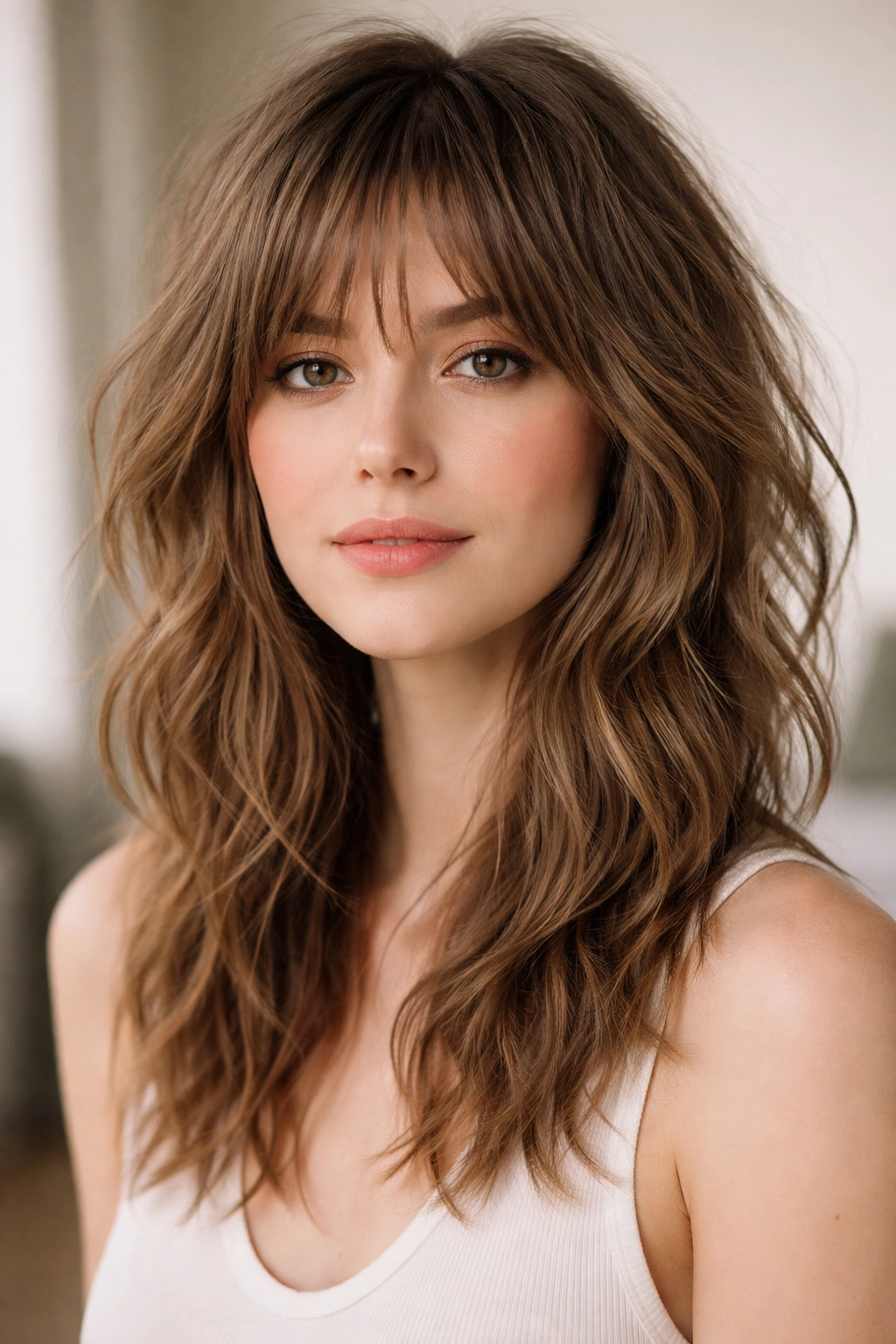 Portrait of a person with subtle waves in a shag cut