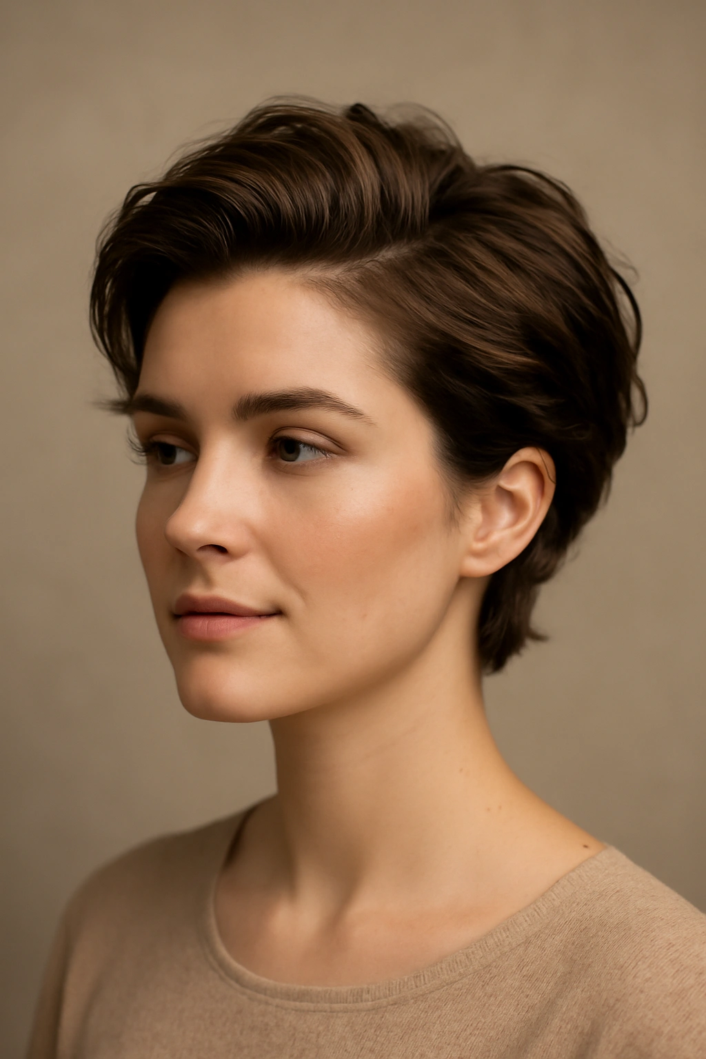 Textured swept-back hairstyle with volume on short hair