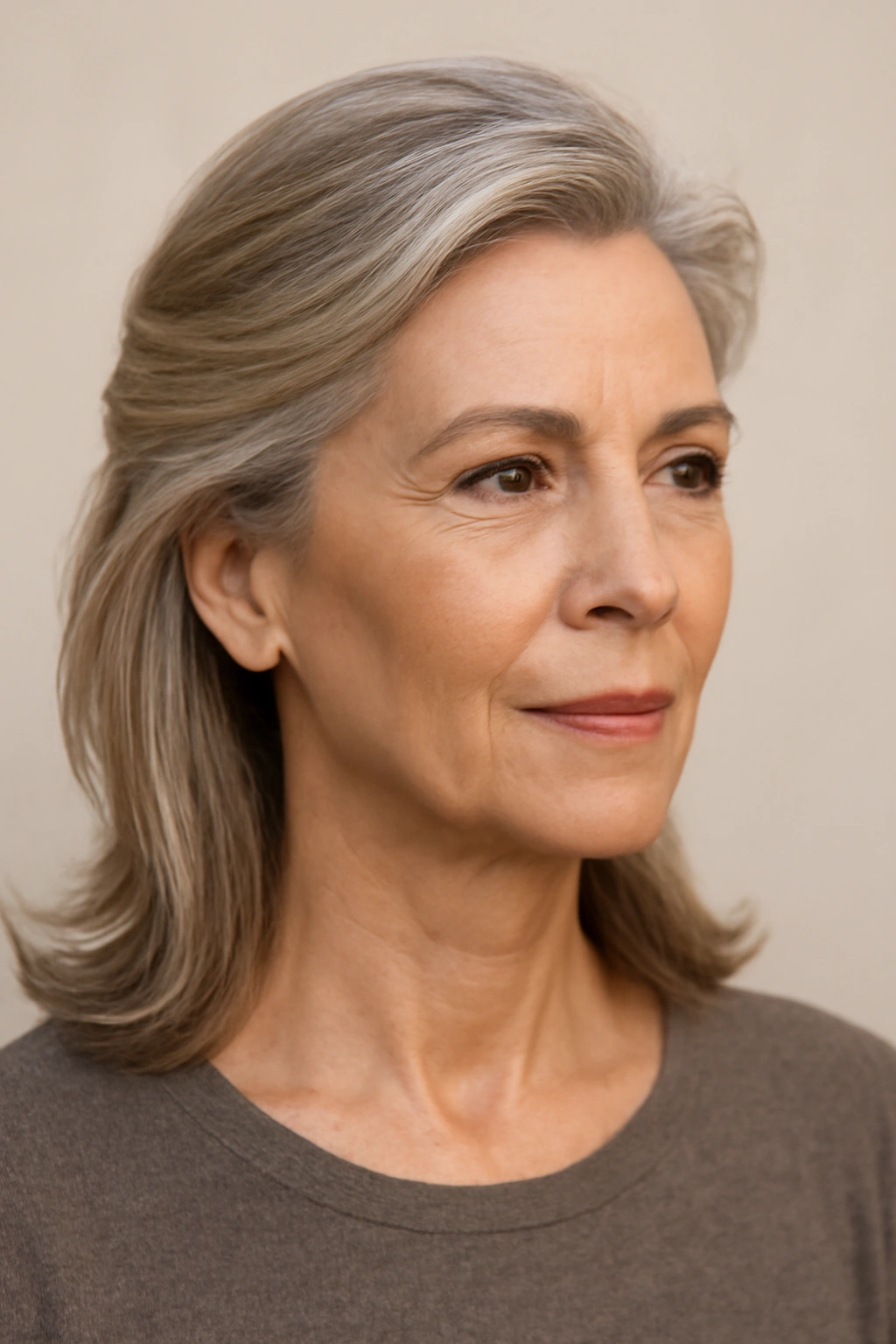 Mature woman with swept-back layers exposing an open face frame