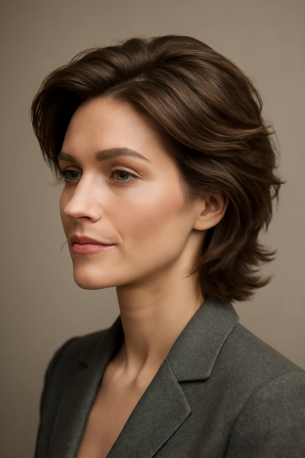 Portrait of a person with swept-back shag and hair brushed away from the face.