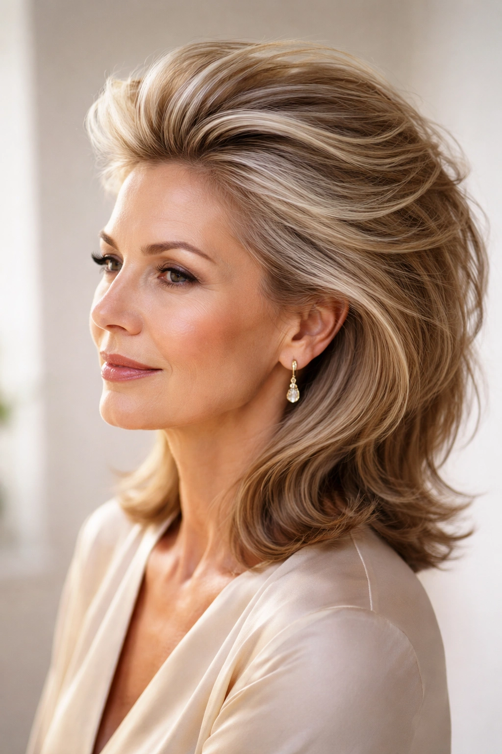 Hair swept back with height at the crown in a sleek, voluminous style.