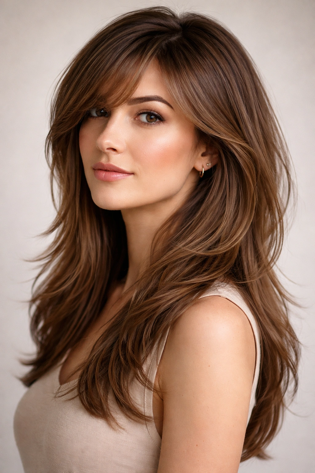 Close-up of swept bangs transitioning into cascade layers