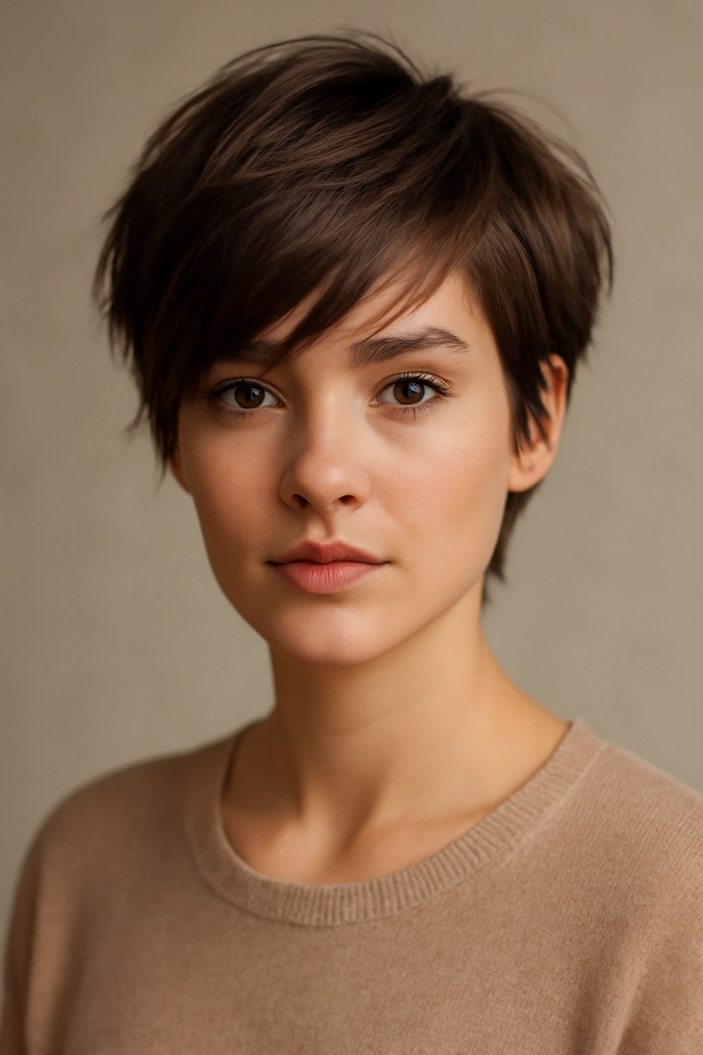 Swept bangs with short layers hairstyle featuring angled bangs across the forehead