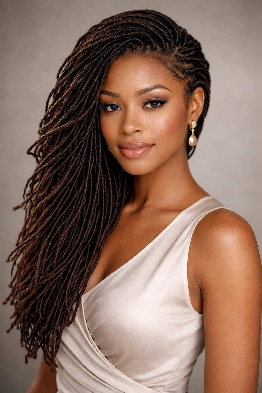 Swept Side Loc Styles: locs gathered to one side in a polished, professional portrait.