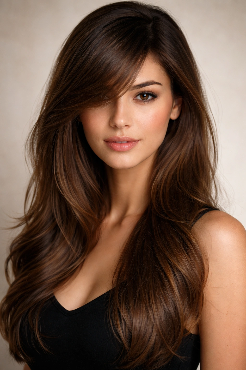 Close-up of swept side bangs with a side part forming an elongated silhouette.
