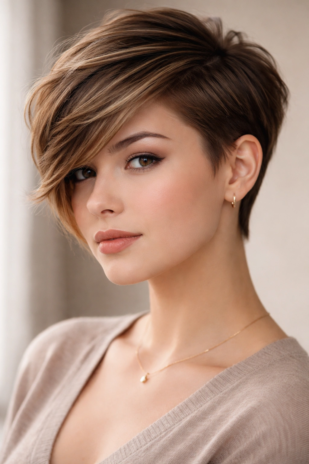 Close-up of a pixie with a long swept side and a short opposite side.