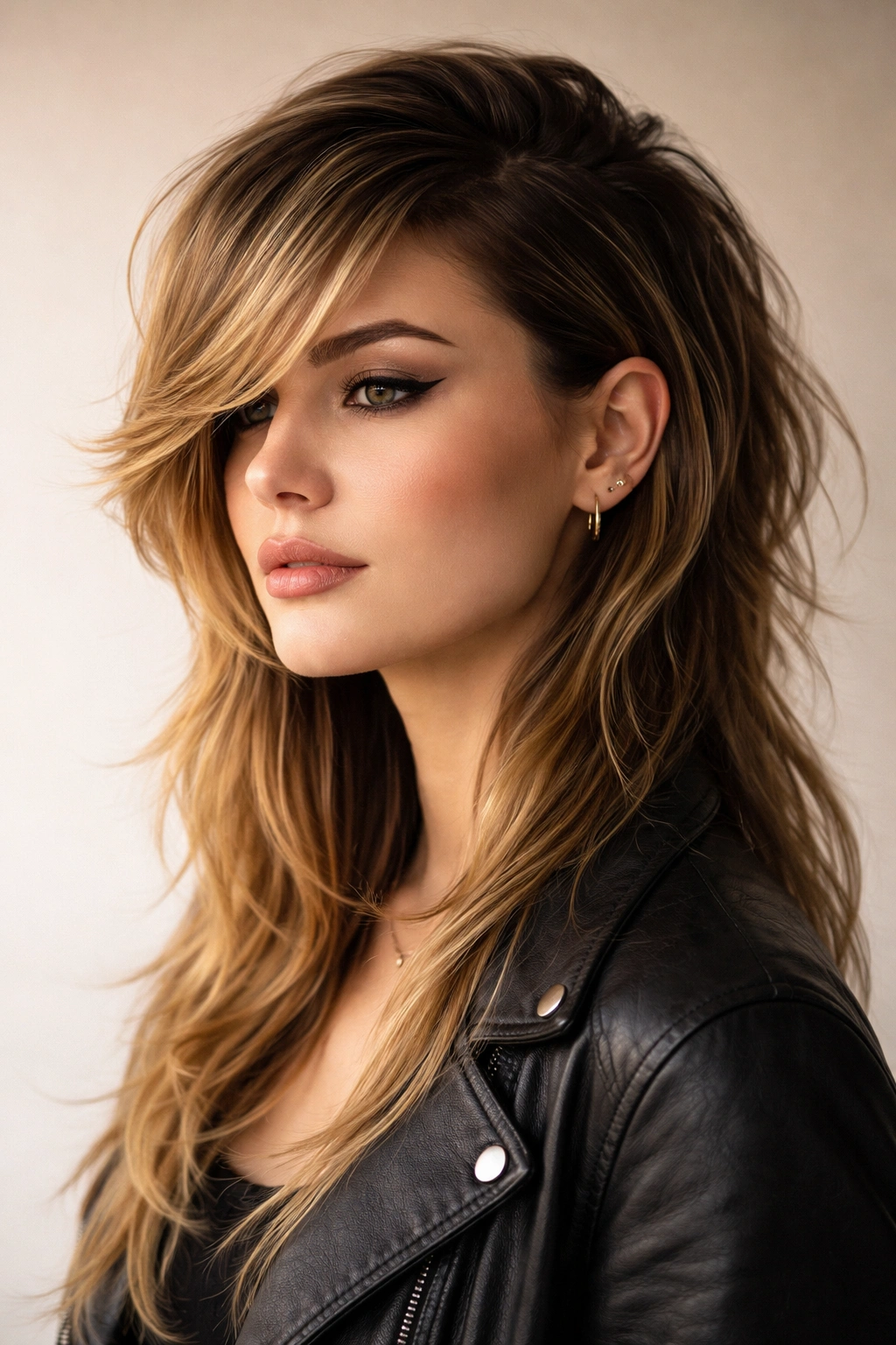 Mullet with a dramatic swoopy side part and sculpted asymmetry