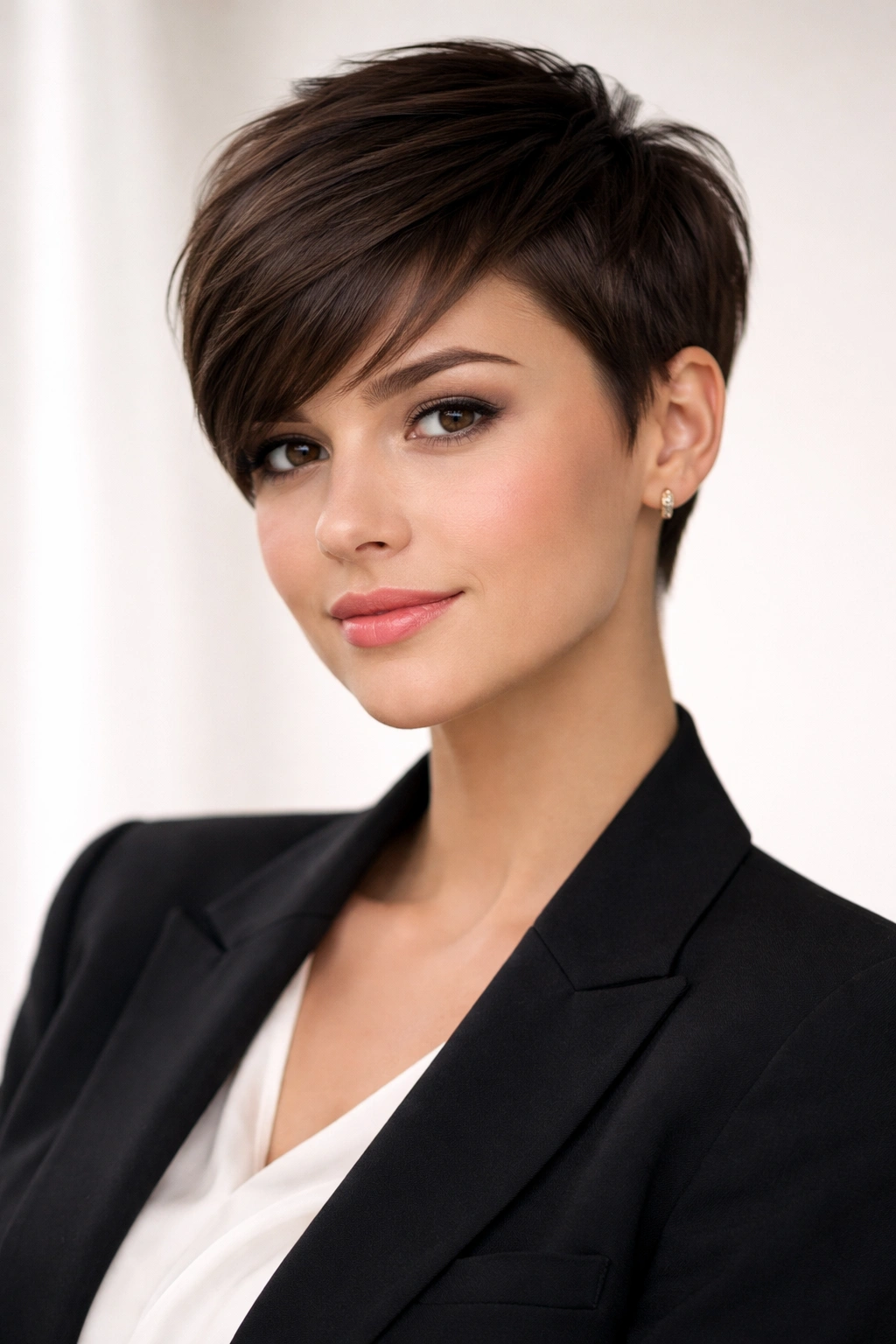 Tailored pixie with precise side-swept bangs and clean lines