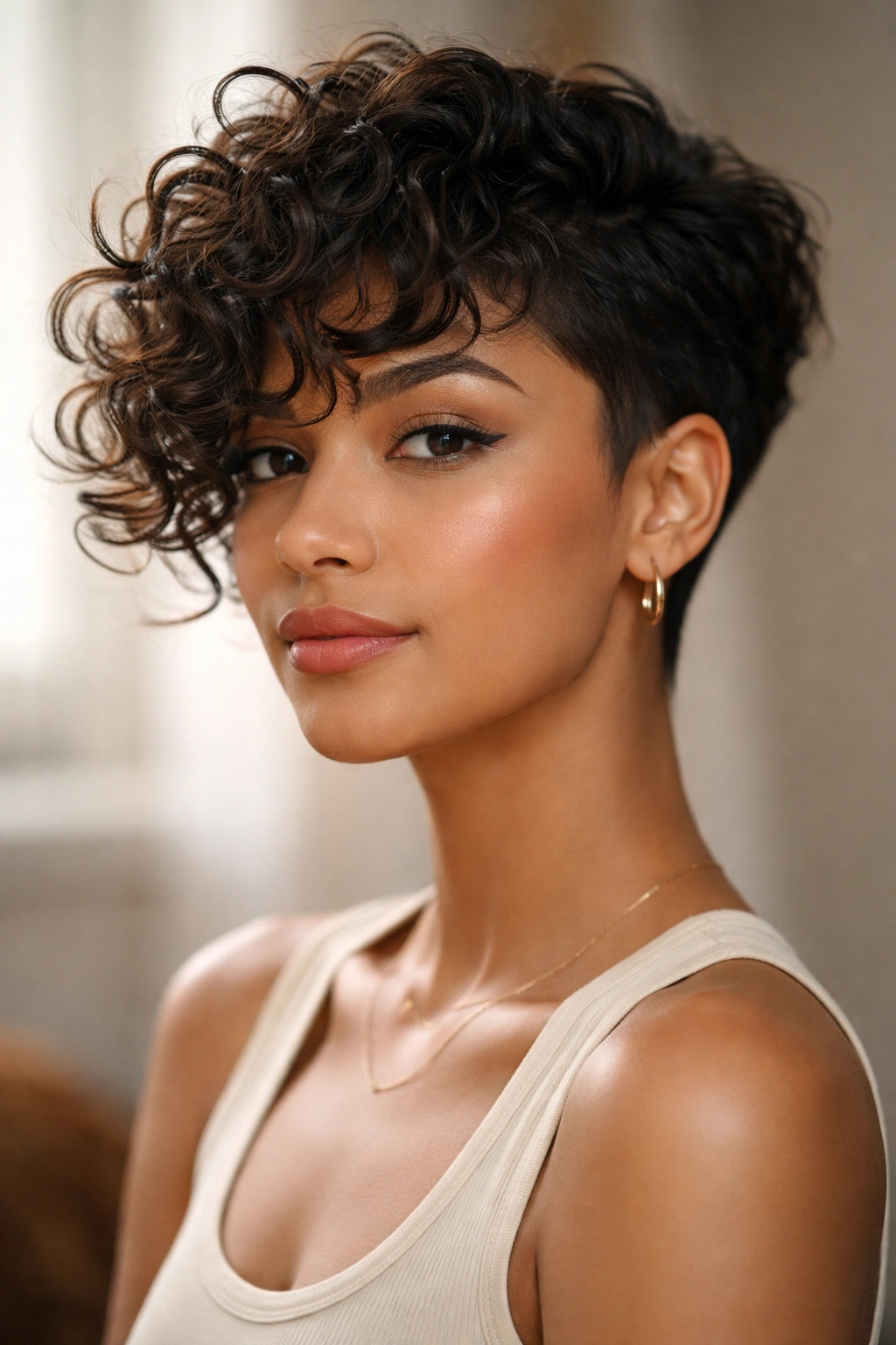 Tapered cut with flowing curly bangs
