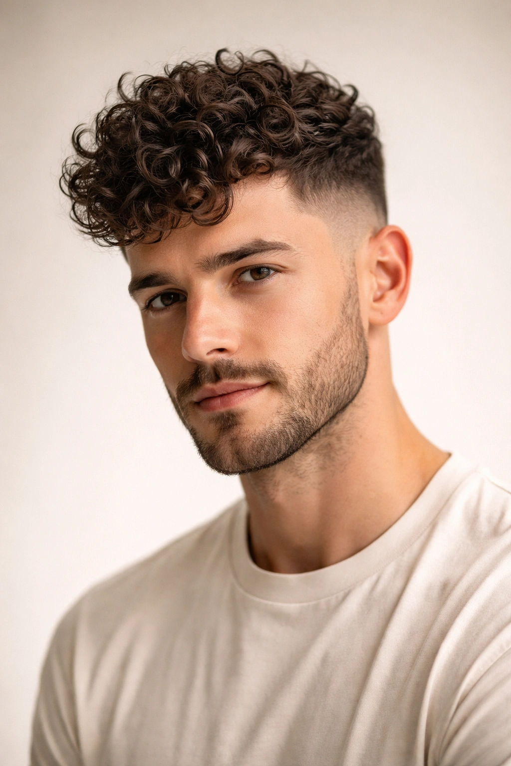 Portrait of a man with a taper cut and longer curls on top