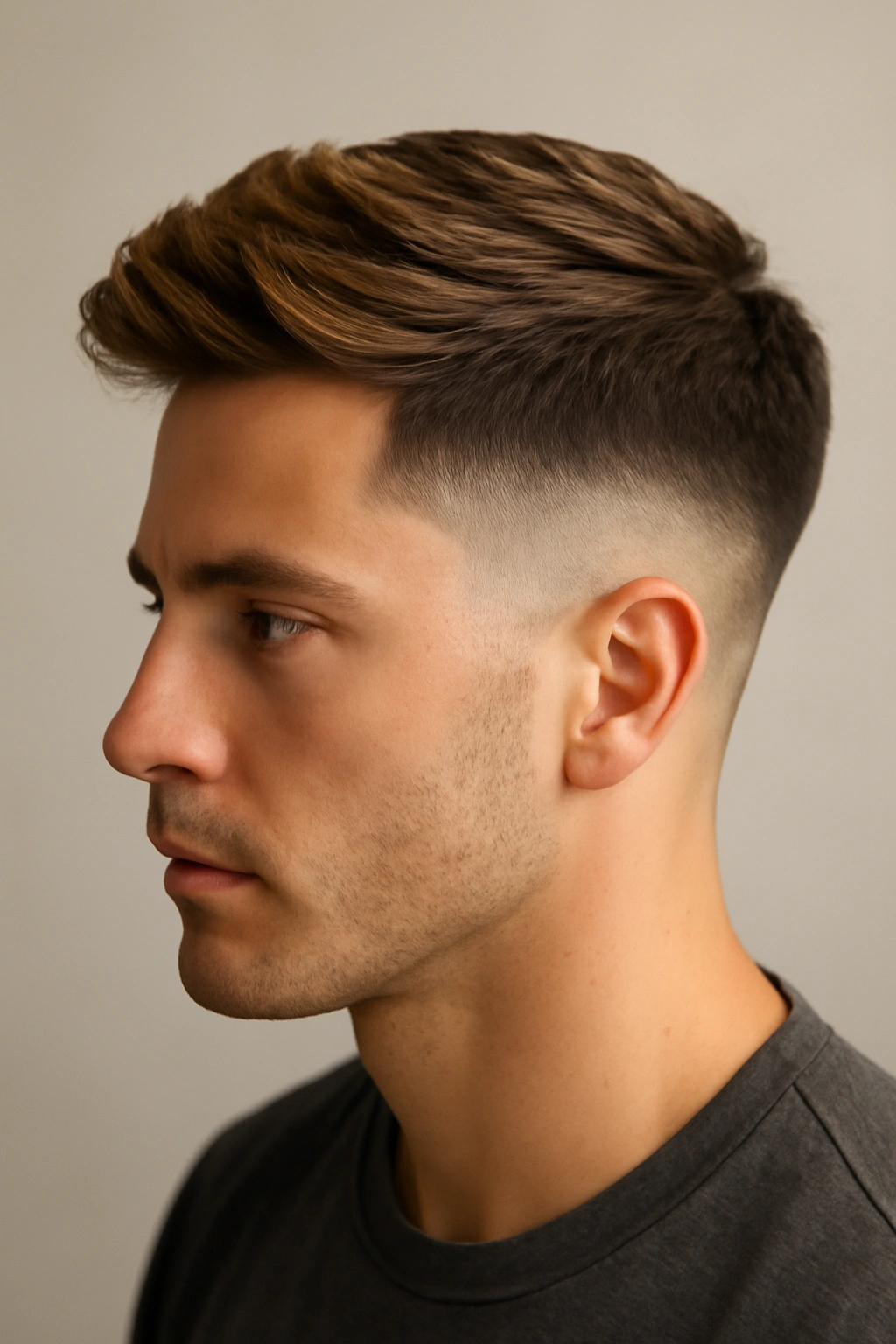 Taper fade hairstyle with caramel mid-length top
