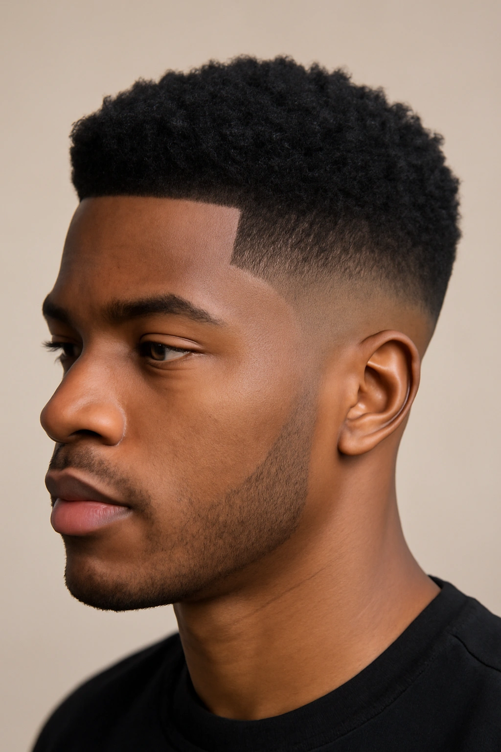 Close-up of a head with a taper fade and crisp edge lines along hairline