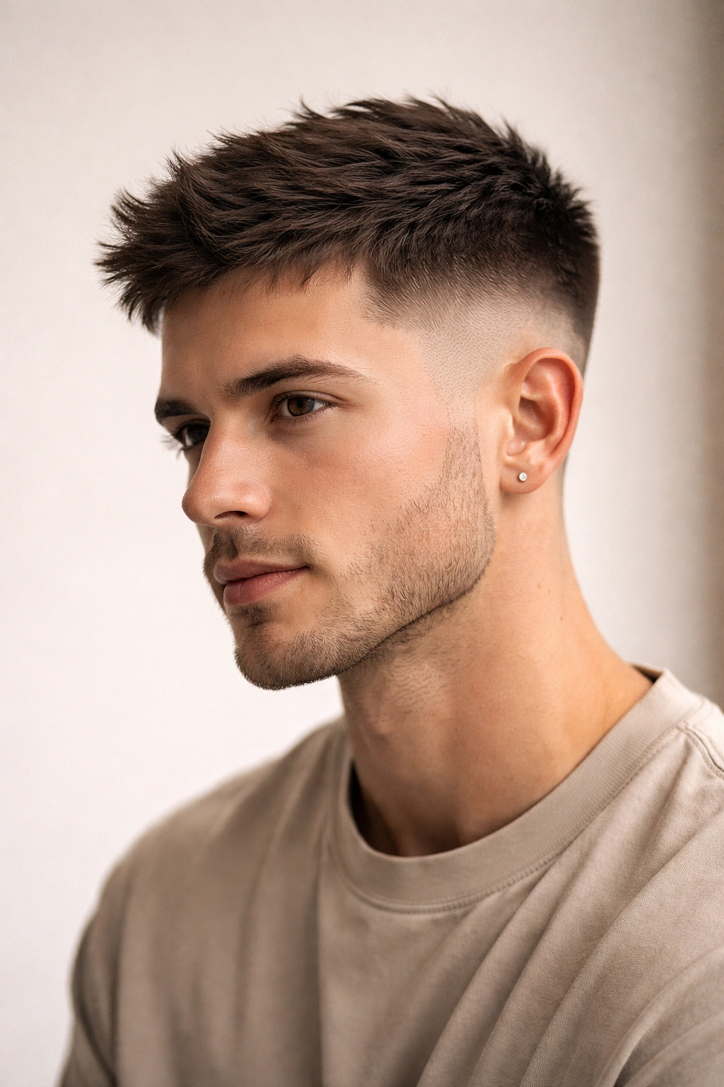 Head-on view of a taper fade crop with a textured top and fade on the sides.