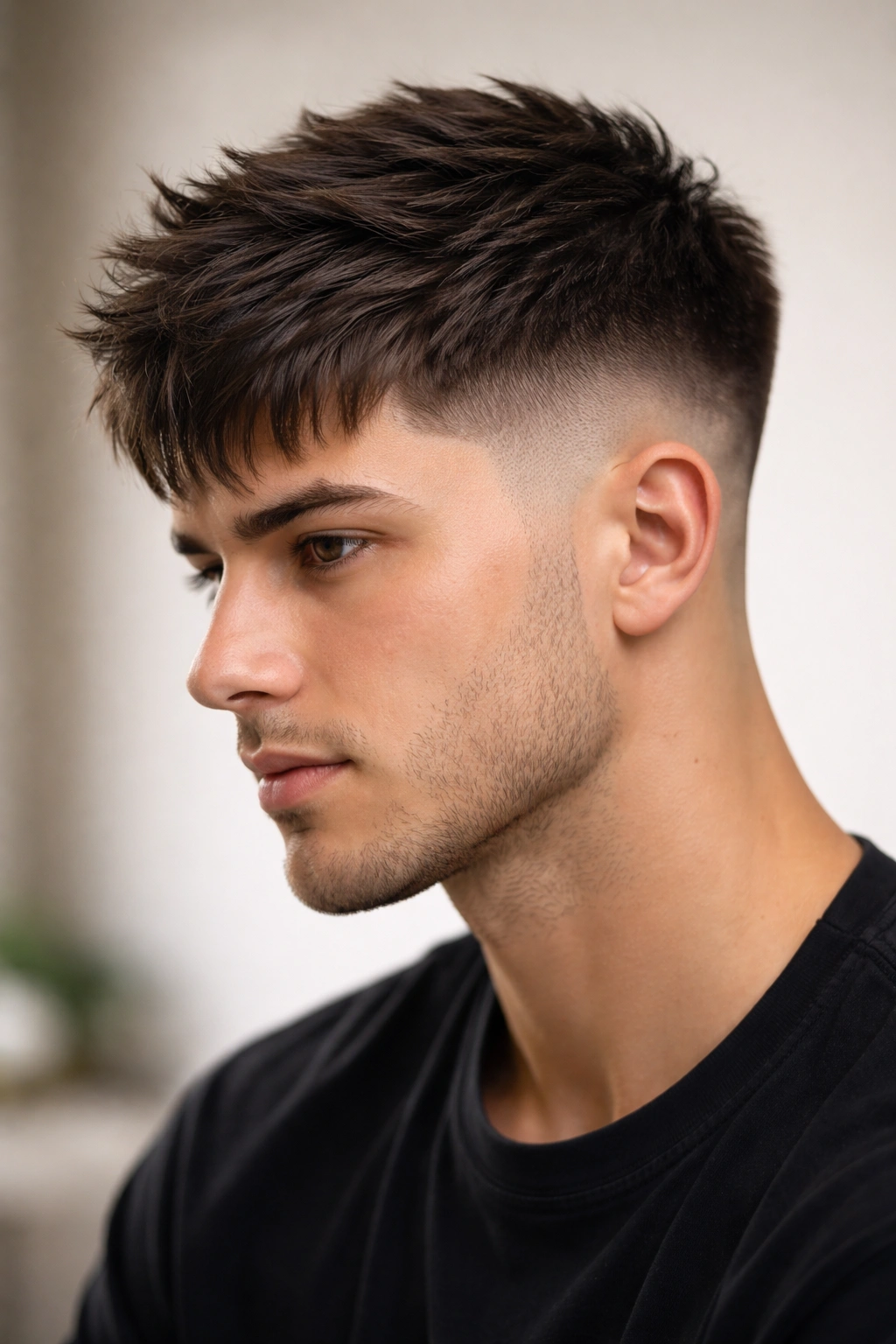 Close-up of a taper fade with textured fringe on a male model, highlighting height and fringe texture