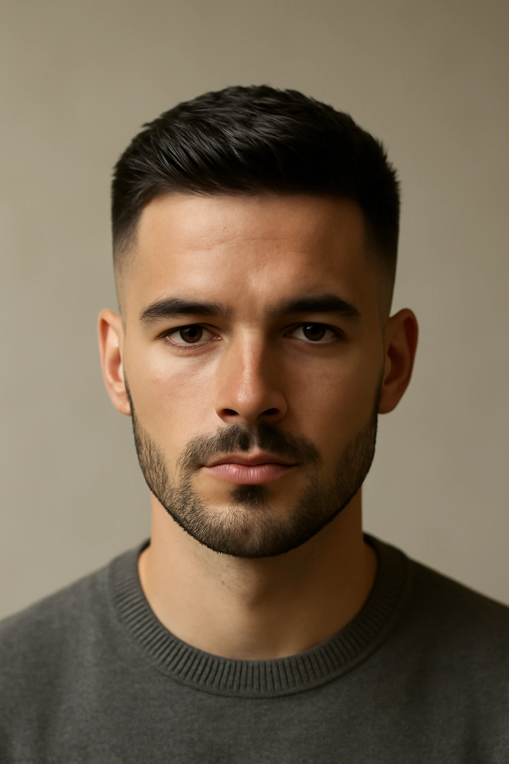 Portrait of a man with a taper fade and longer top, seamless blend