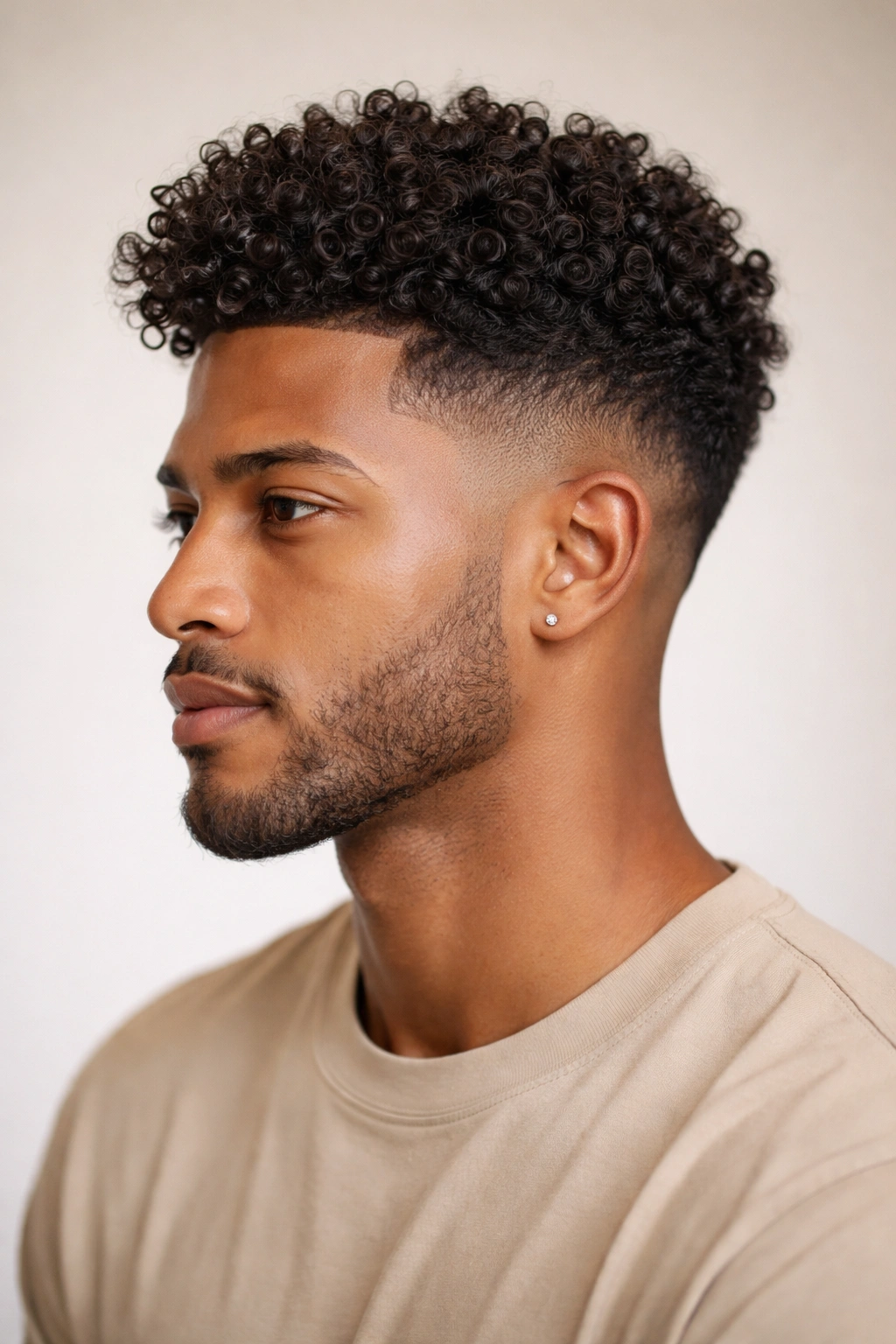 Portrait of a man with taper fade and longer top curls.