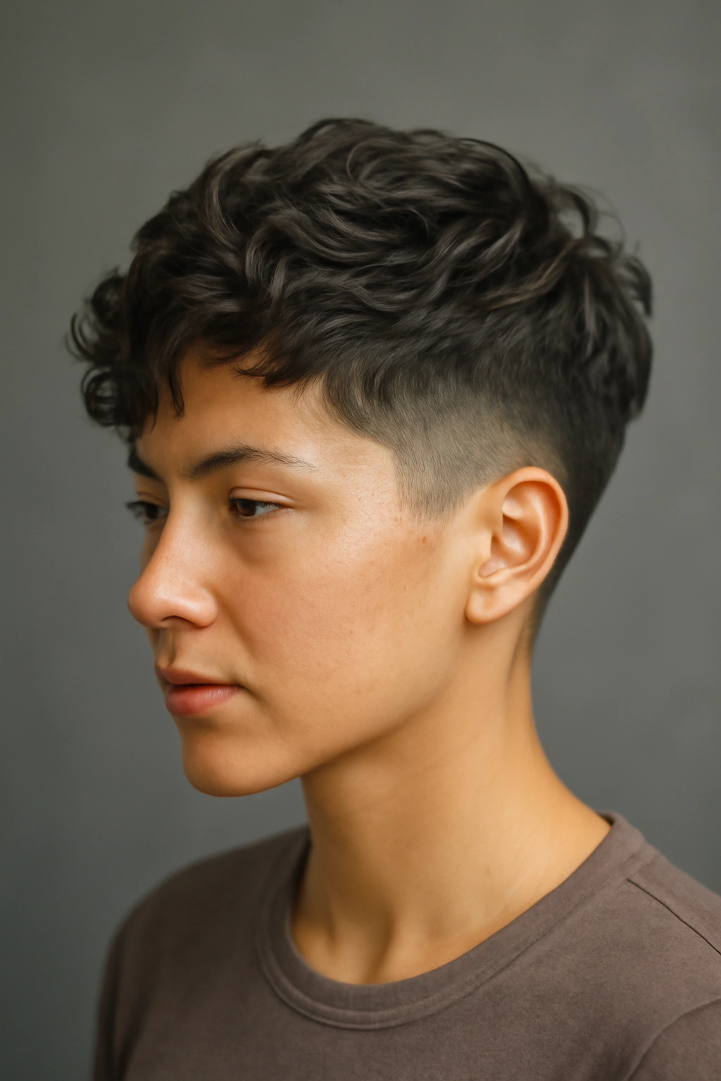 Close-up portrait of a taper fade wavy pixie with textured top