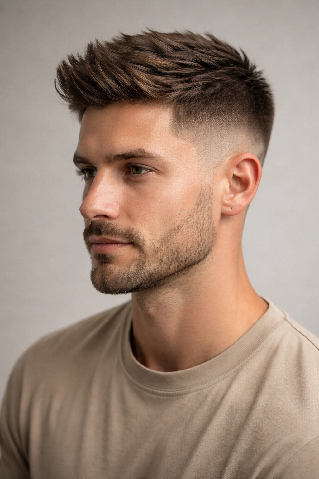 Close-up portrait of a man with textured taper fade showing crown width