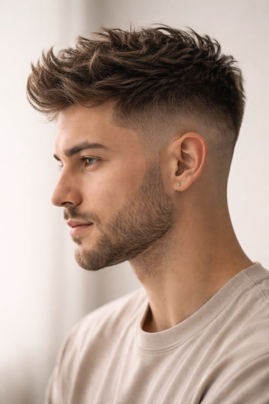 Taper fade hairstyle with textured top and subtle fringe