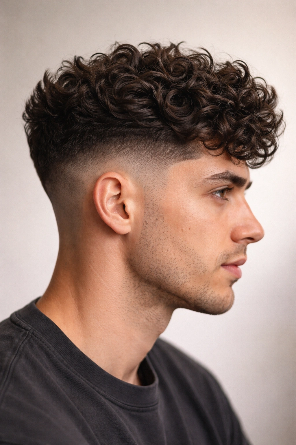 Close-up of a haircut featuring a taper fade and a textured crown on curly hair