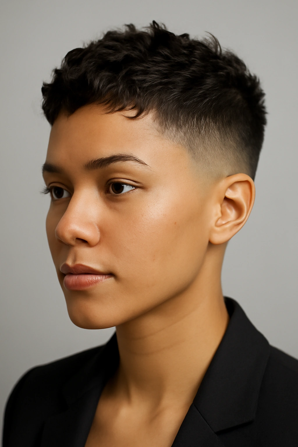 Head-and-shoulders portrait showing a taper fade and textured top waves.