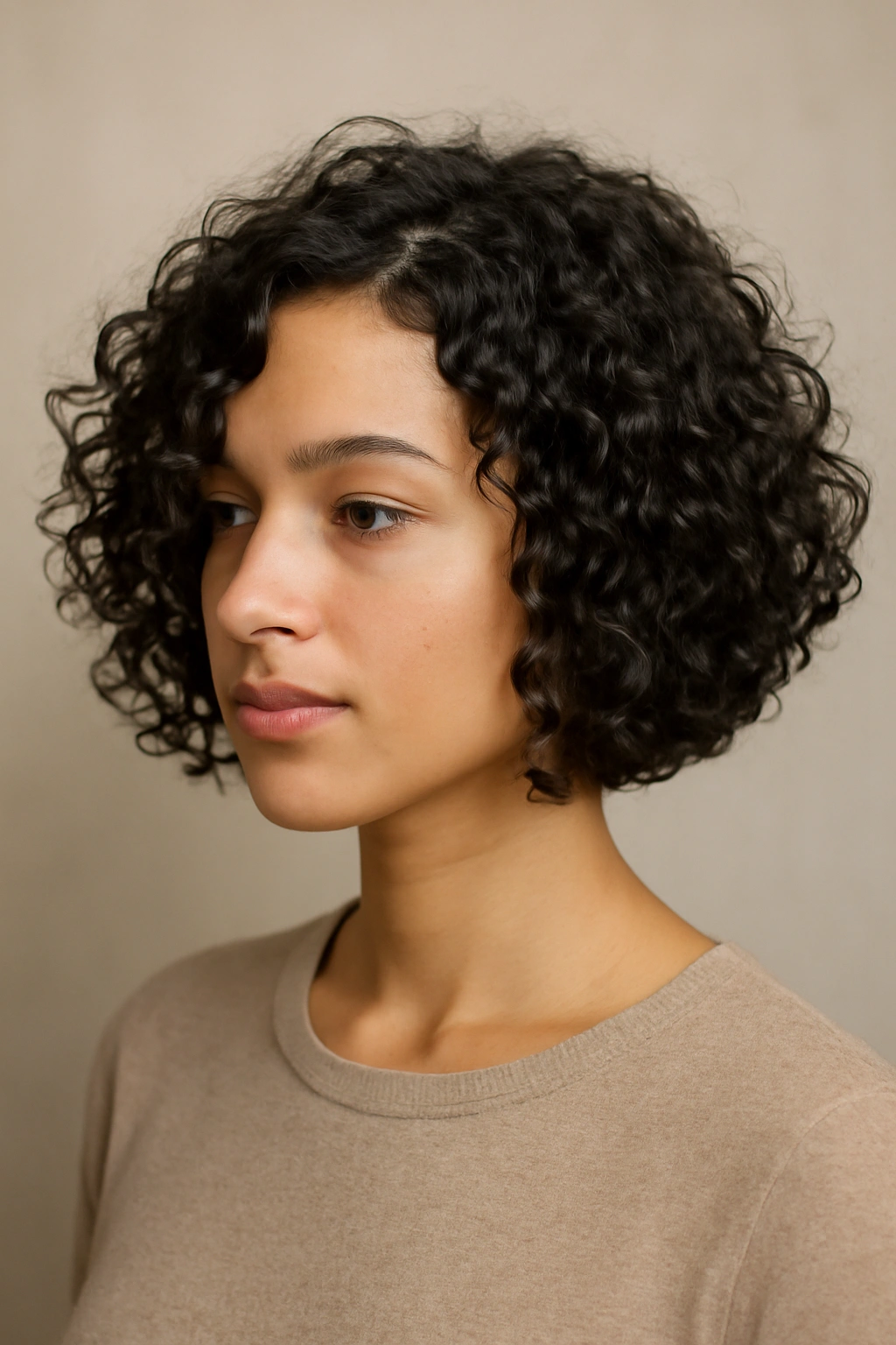 The Taper Front Angled Bob hairstyle with tapered front and longer back showing curl definition