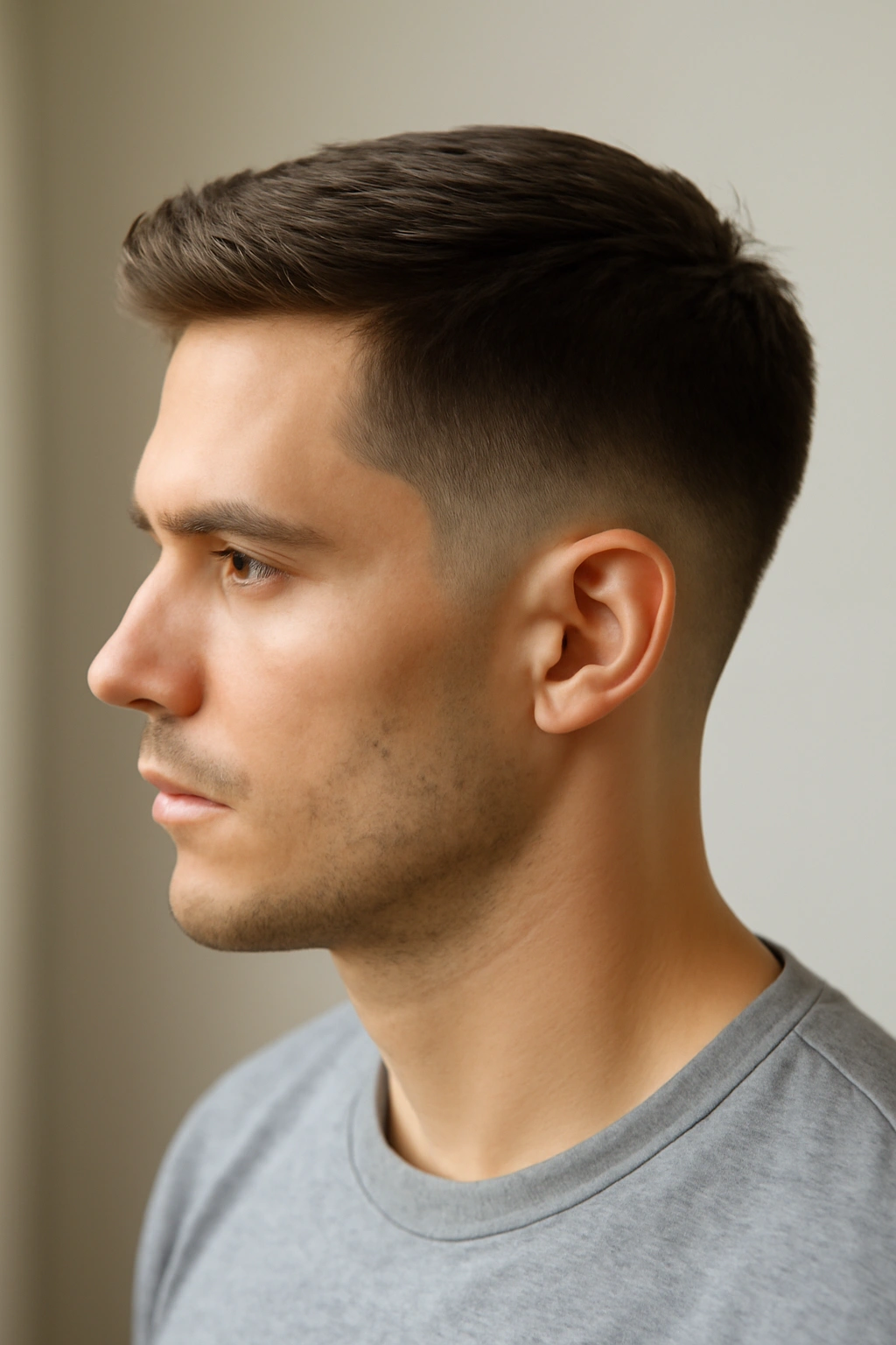 Portrait of a man with a gentle taper on the sides and 1-2 inches on top, neat and professional.