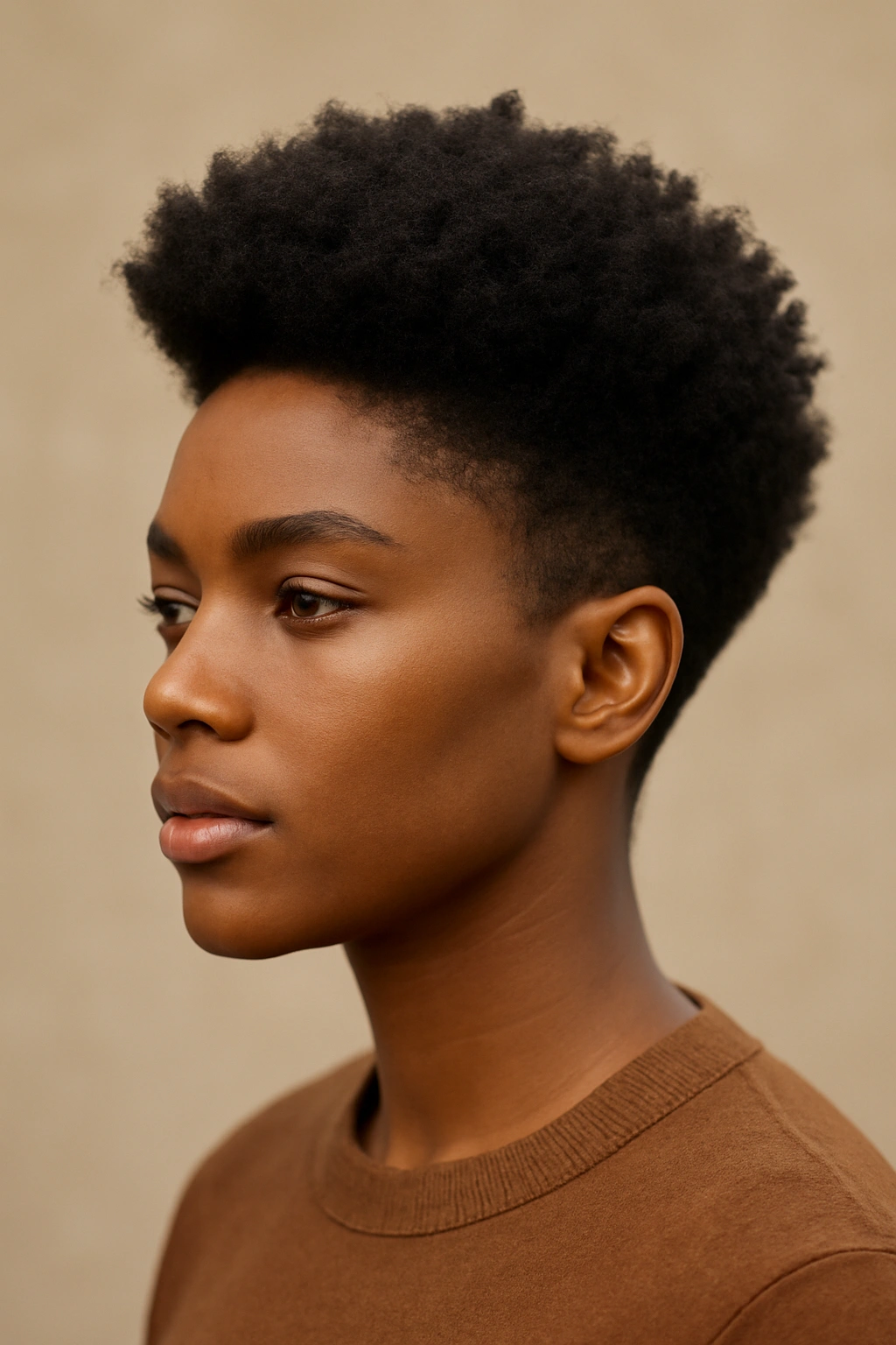 Tapered afro with gradual length increase from sides to crown.