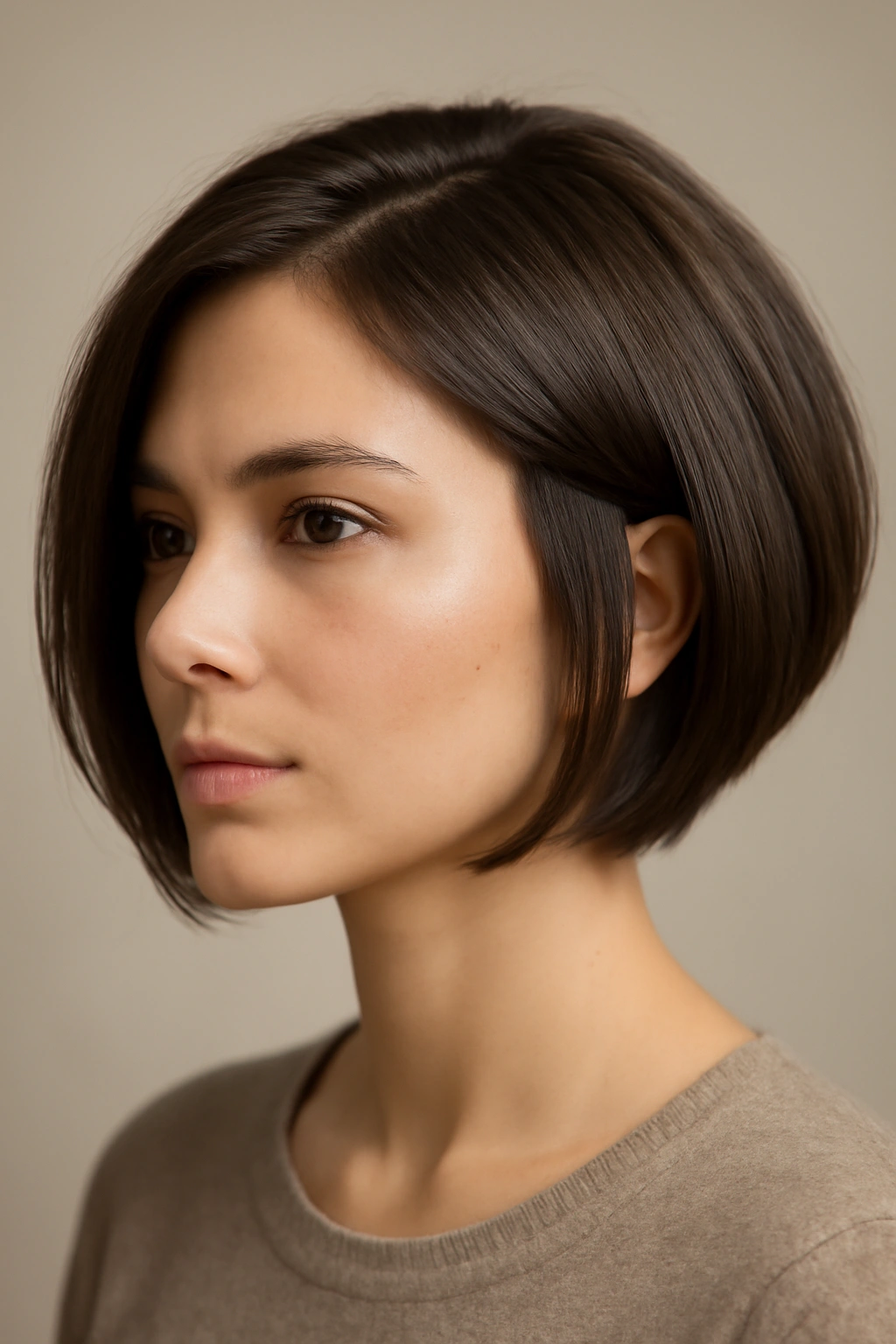 Close-up portrait of a model with a tapered bob showing longer front pieces and a short nape