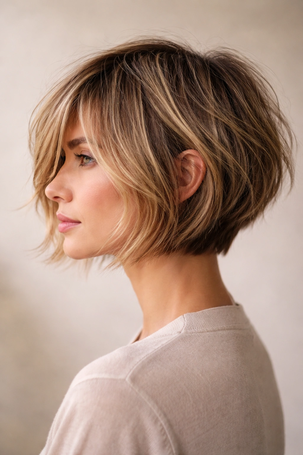 Side view of a textured tapered bob with back taper and piece-y layers