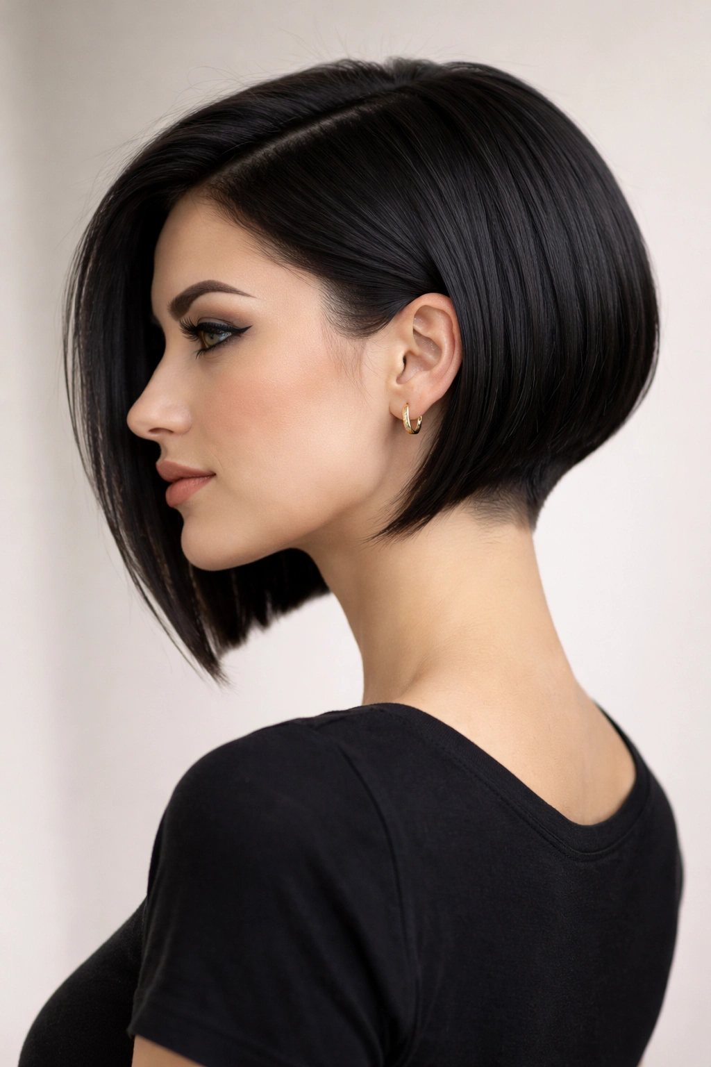 Profile view of a model with a tapered bob and visible undercut at the nape