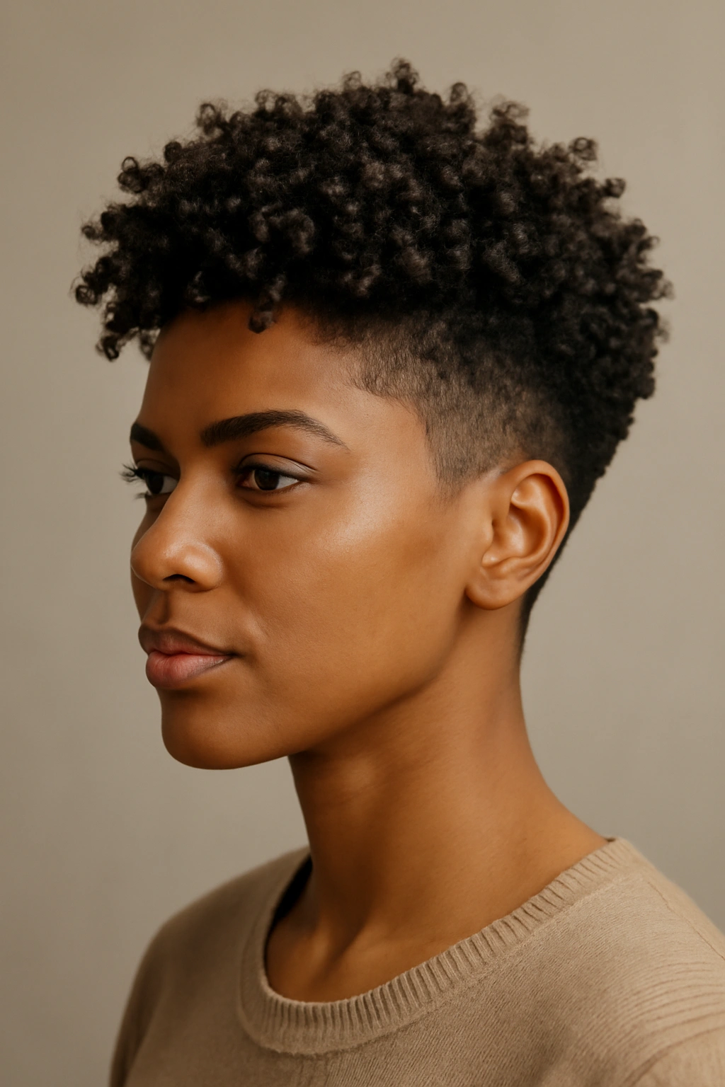 Portrait of head with longer top curls tapered to back and sides.