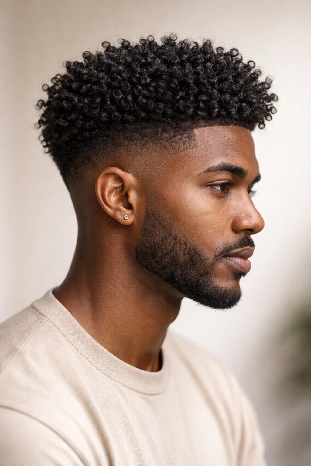 Side profile of a person with a tapered coil cut highlighting top length and tapered sides