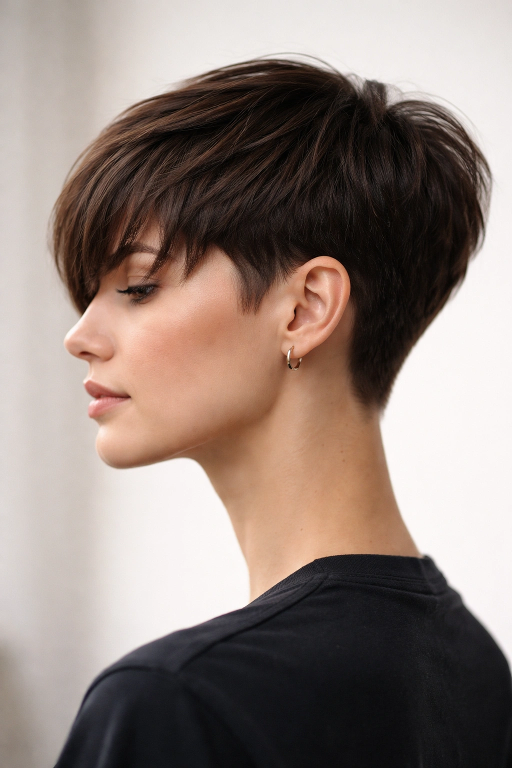 Side profile of a tapered crop with longer bangs framing the face