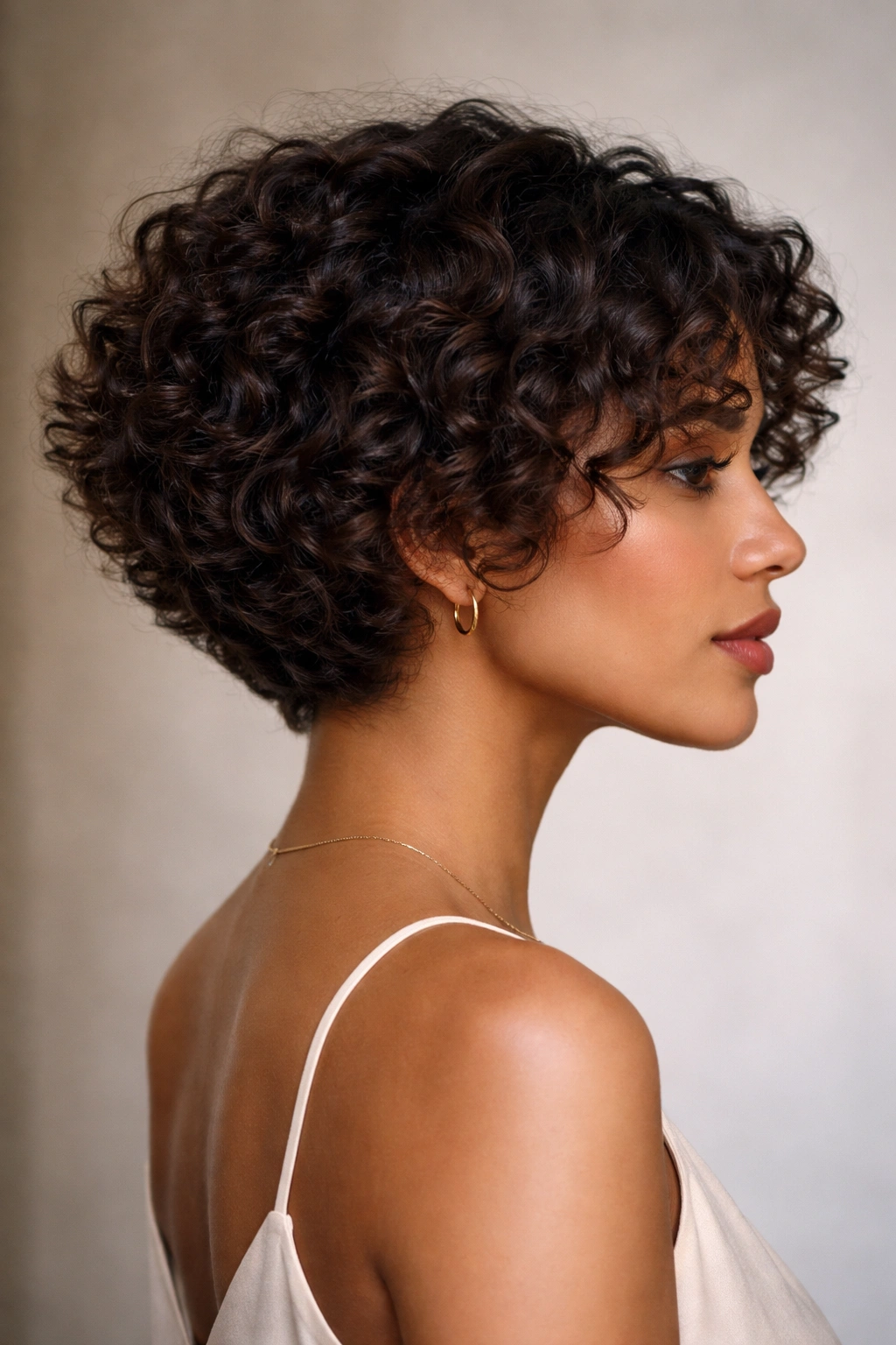 Profile view of The Tapered Curl Bob showing a tapered back and face-framing curls.