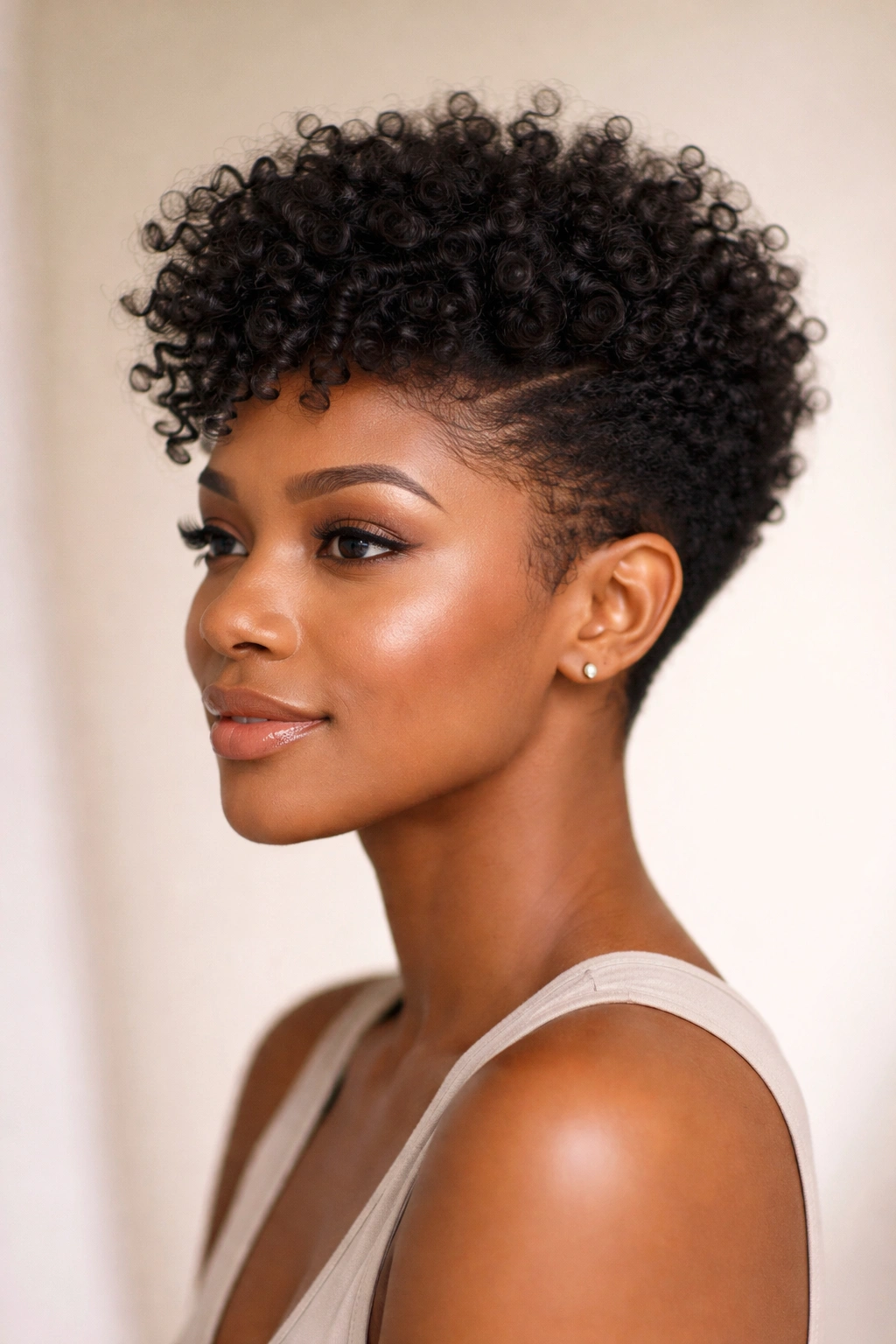 Close-up portrait of a person with a tapered curl cut, curls defined along a rounded silhouette.