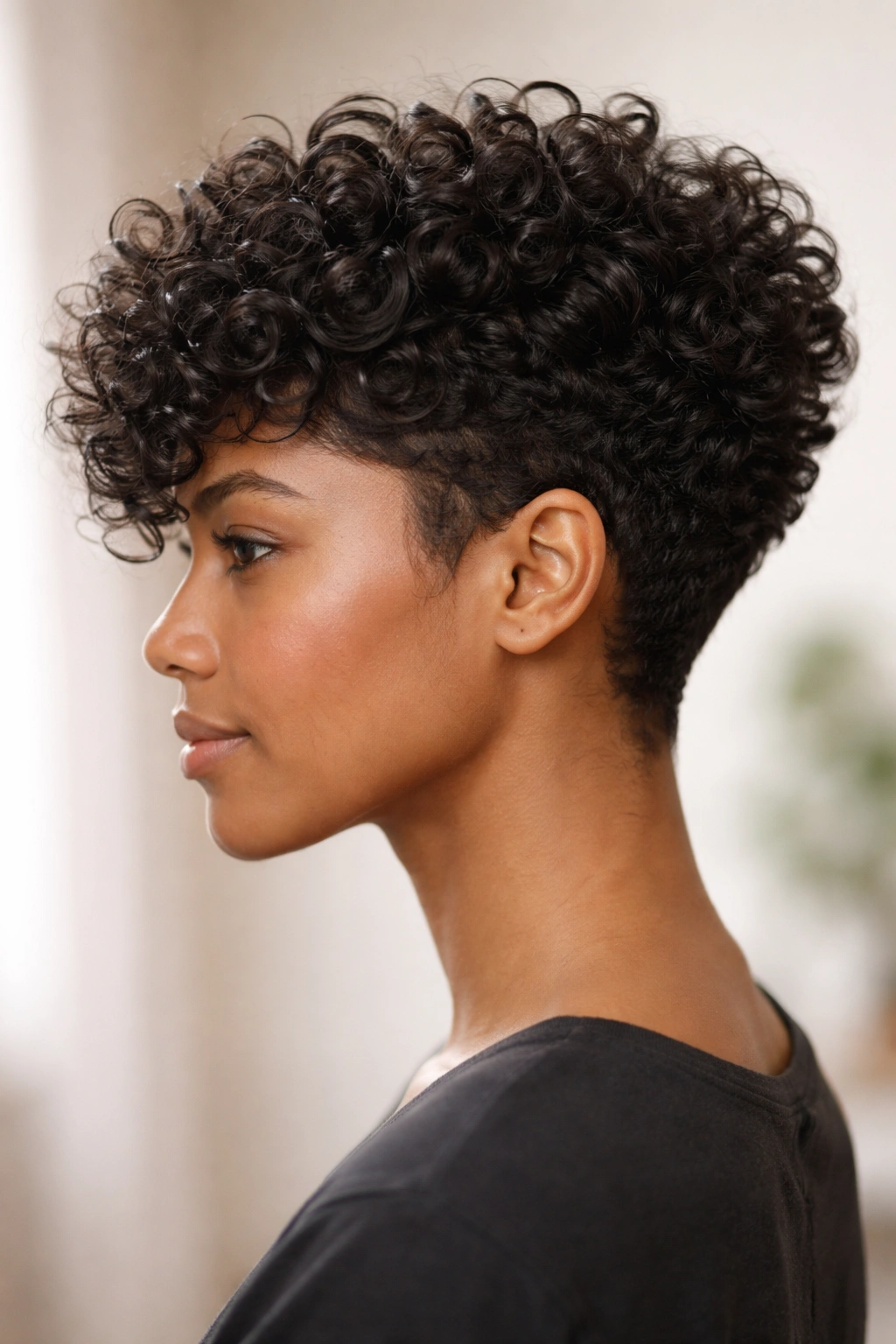 Side profile of a tapered curl stack pixie showing stacked curls