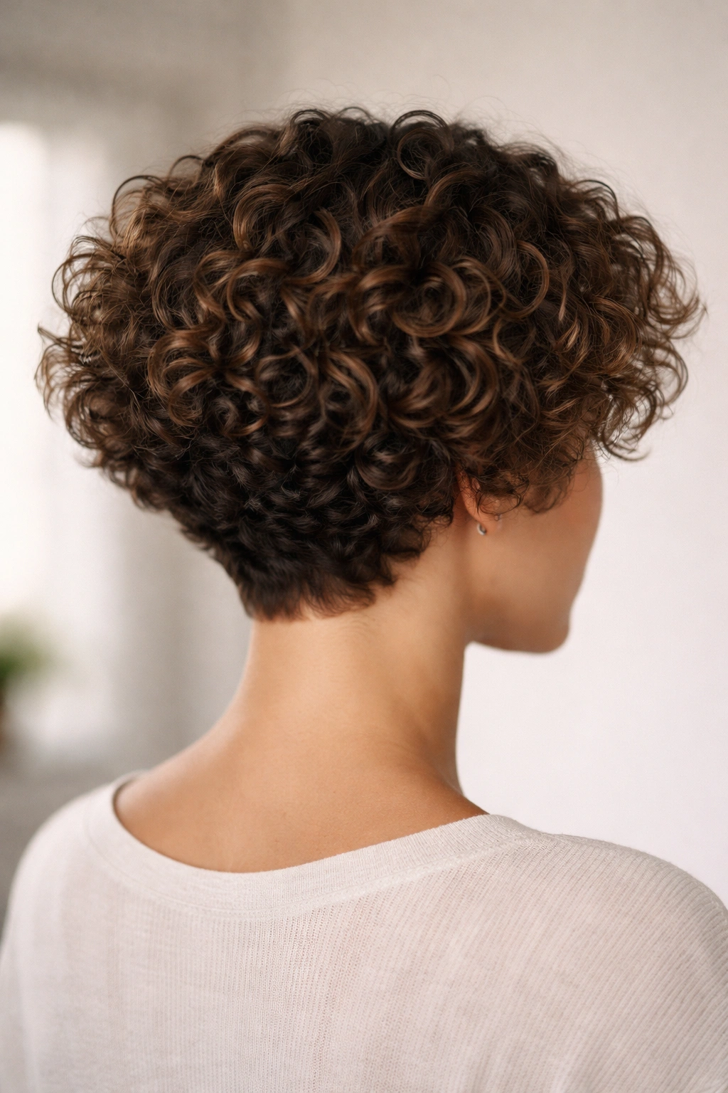 Tapered curly bob with crown lift and tapered neckline.