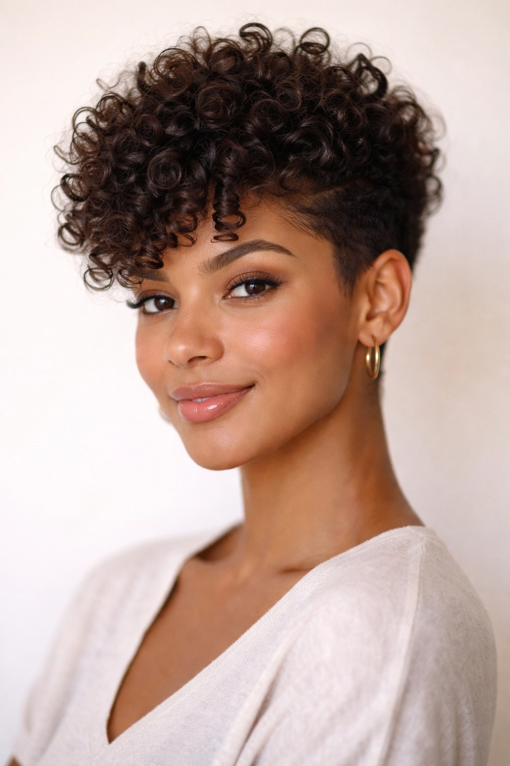 Tapered curly cut with volume on top, sides tapered