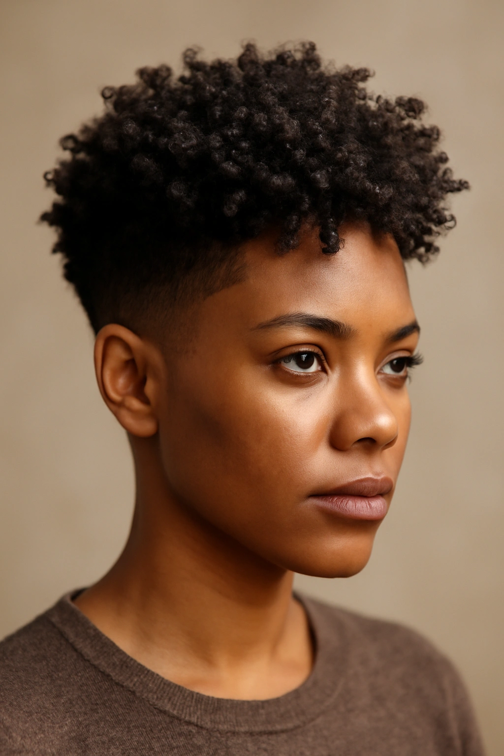 Close-up of a Black woman with a tapered cut and textured crown, highlighting curl texture and face framing