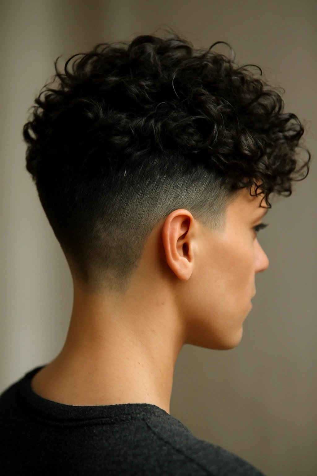 Tapered Fade Bob With Curly Top: faded sides and longer curly top in studio setting
