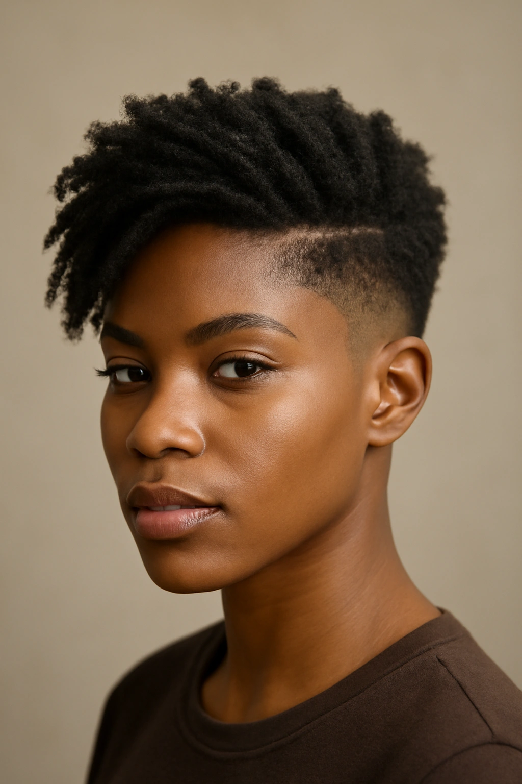 Close-up portrait of a Black woman with a tapered fade bob in studio lighting highlighting fade lines