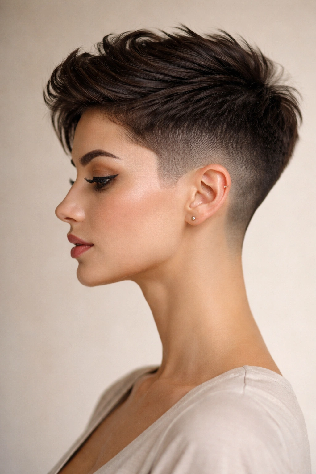 Tapered fade with longer crown for feminine silhouette.