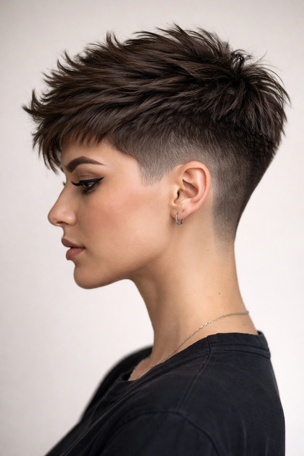 Profile view of tapered fade with textured crown on short hair, studio lighting