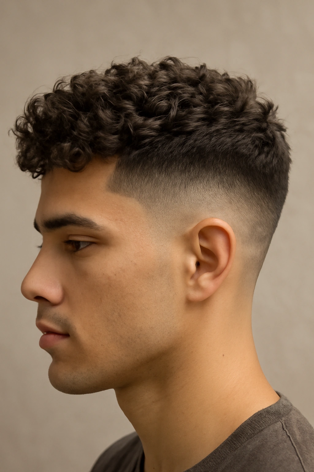 Close-up of tapered fade with textured curls on top