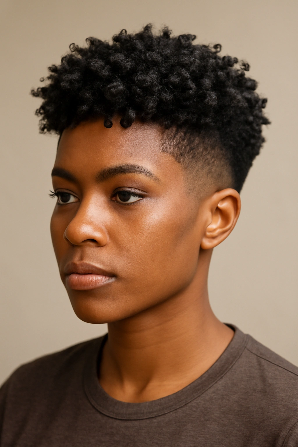 Close-up portrait of a Black woman with a tapered fade and textured top curls.