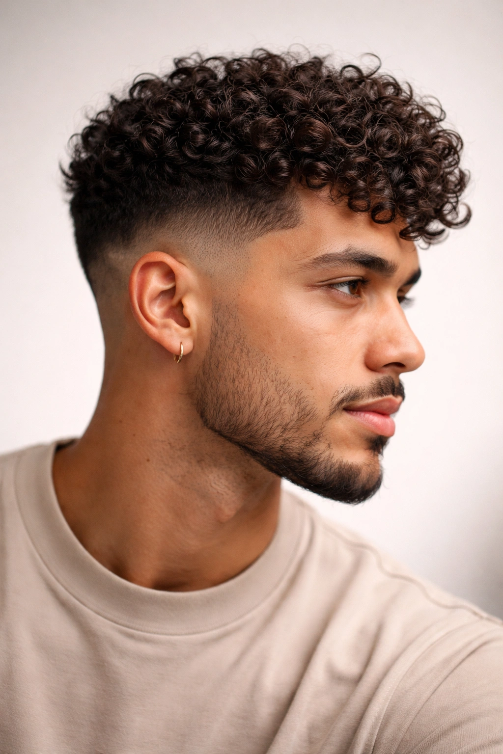 Portrait of curly hair with a tapered fade and textured top.